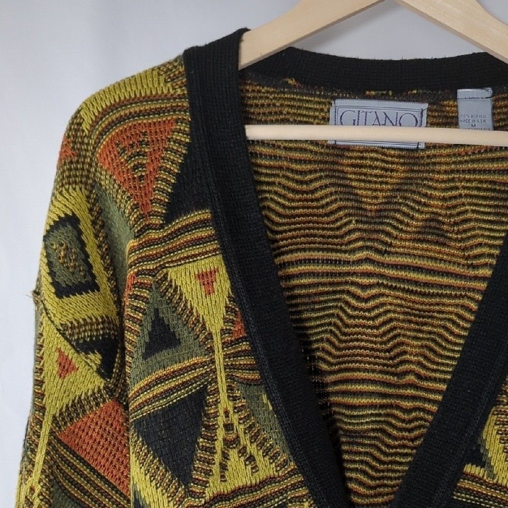 Vintage 80s Gitano Cardigan Sweater Black Orange Lime Green Martini Cosby Medium - Picture 5 of 16
